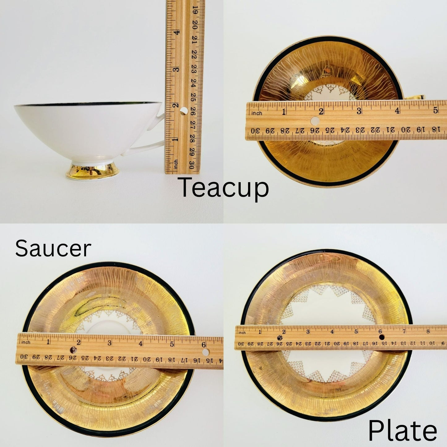 Vintage German Heavy Gold Teacup, Saucer & Plate Set Gold Cream and Black Art Deco, Reme Qualitative Porzellan Western Germany