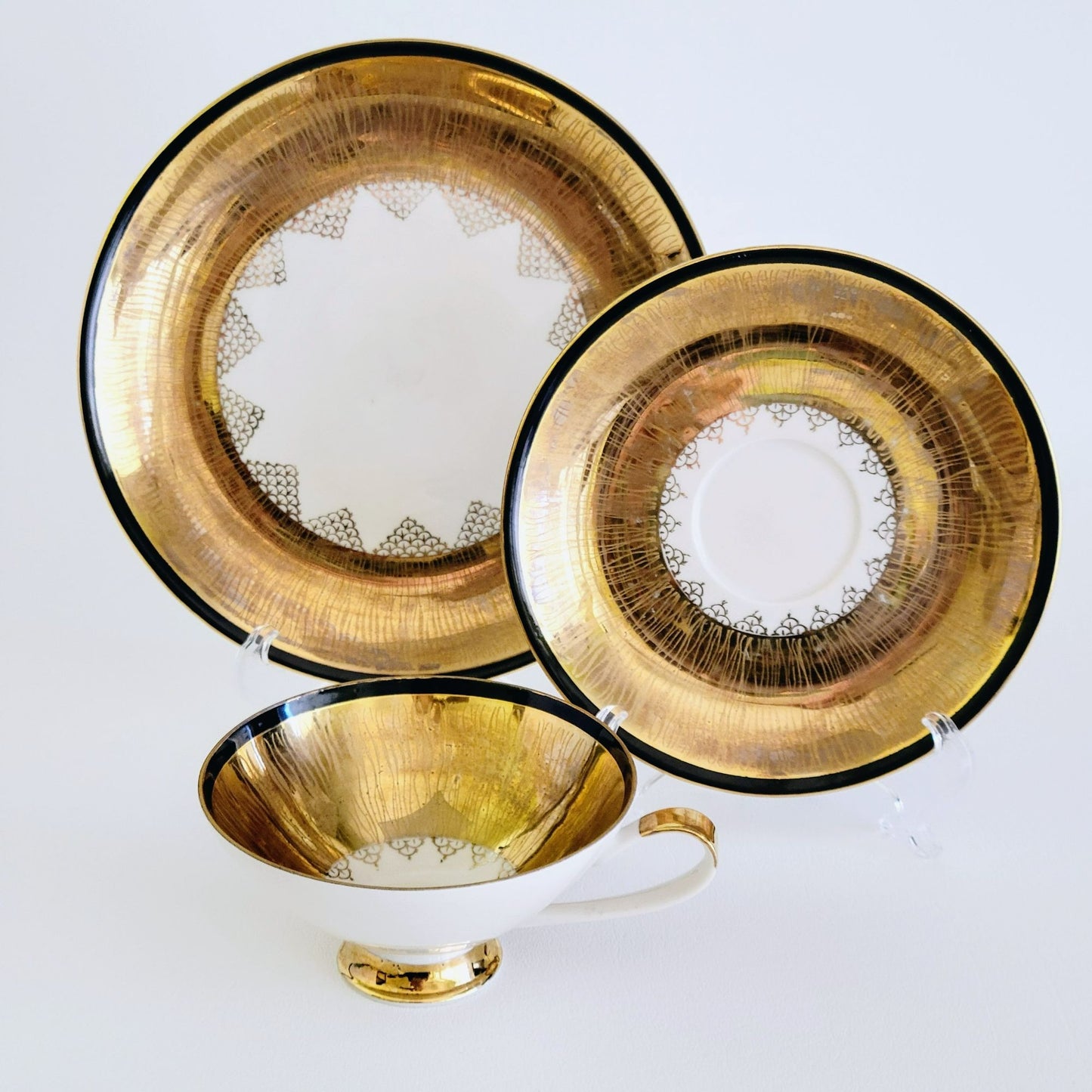 Vintage German Heavy Gold Teacup, Saucer & Plate Set Gold Cream and Black Art Deco, Reme Qualitative Porzellan Western Germany