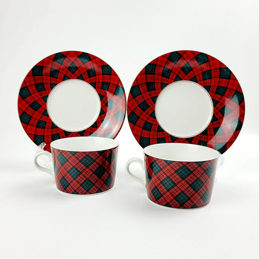 Sasaki Tartan Cup & Saucer, 2 Sets, Red and Dark Green Plaid, Japan c1990s
