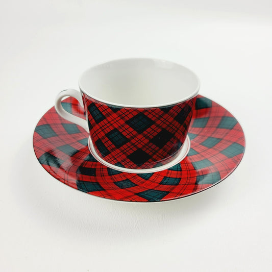 Sasaki Tartan Cup & Saucer, 2 Sets, Red and Dark Green Plaid, Japan c1990s