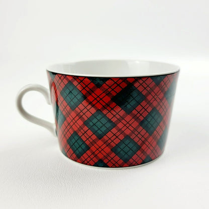 Sasaki Tartan Cup & Saucer, 2 Sets, Red and Dark Green Plaid, Japan c1990s