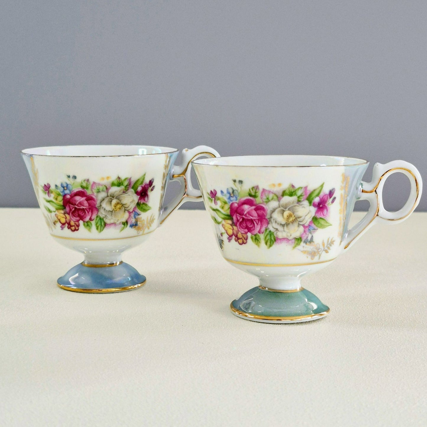 Lusterware Pedestal Teacup Set of 2, c.1920-40s Japan