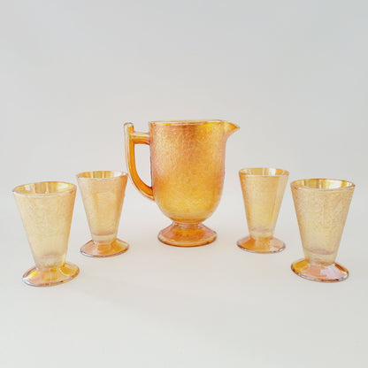 Jeannette Marigold Crackle Glass Carnival Glass Pitcher & Tumblers Set, c.1930s USA