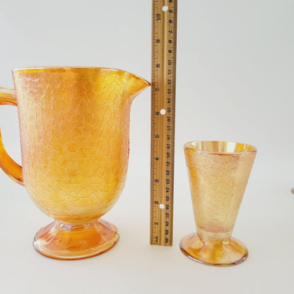 Jeannette Marigold Crackle Glass Carnival Glass Pitcher & Tumblers Set, c.1930s USA