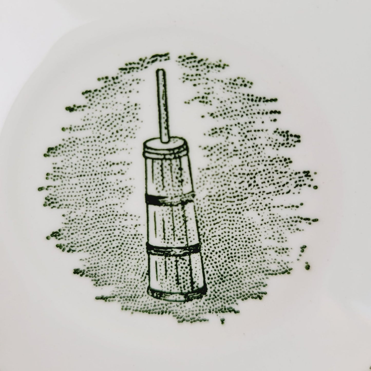 Currier & Ives Green Cup & Saucer, 2 Sets Scio Pottery Co, Farm Harness & Plows on Rim c.1970s USA