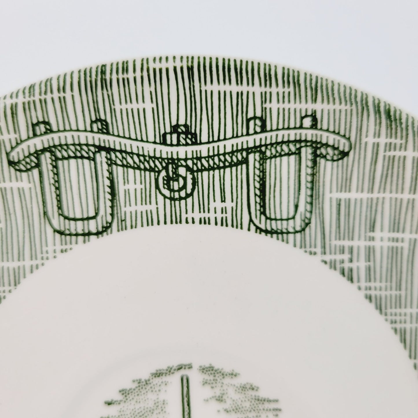 Currier & Ives Green Cup & Saucer, 2 Sets Scio Pottery Co, Farm Harness & Plows on Rim c.1970s USA