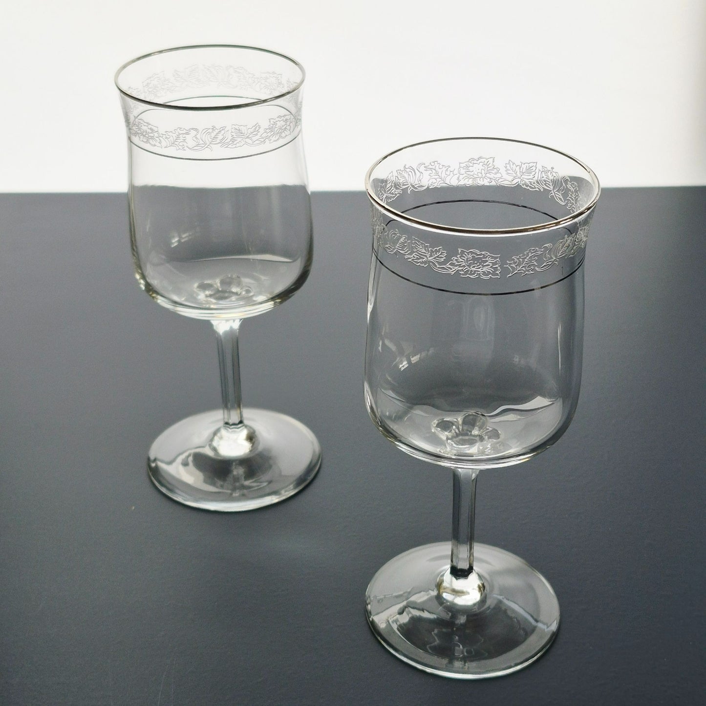 Lenox "Moonspun" Crystal Wine Glass, Set of 2, Platinum Trim, USA c.1975-89