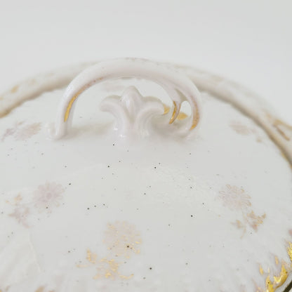 Antique German White & Gold Floral & Fruit Cookie Jar with Embossed Design