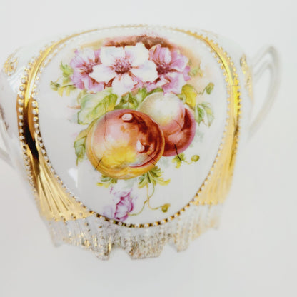 Antique German White & Gold Floral & Fruit Cookie Jar with Embossed Design
