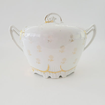 Antique German White & Gold Floral & Fruit Cookie Jar with Embossed Design