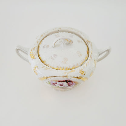 Antique German White & Gold Floral & Fruit Cookie Jar with Embossed Design