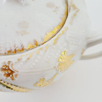 Antique German White & Gold Floral & Fruit Cookie Jar with Embossed Design
