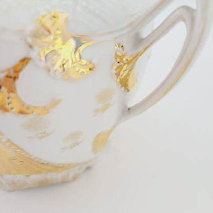 Antique German White & Gold Floral & Fruit Cookie Jar with Embossed Design