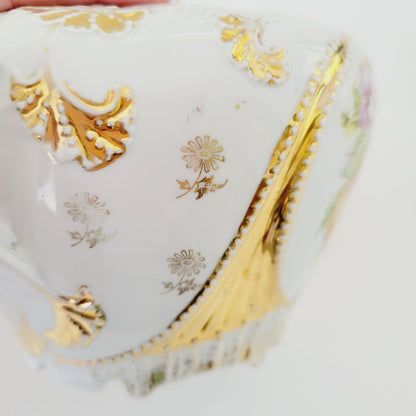 Antique German White & Gold Floral & Fruit Cookie Jar with Embossed Design