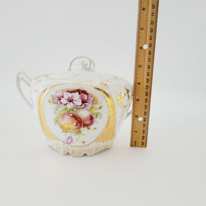 Antique German White & Gold Floral & Fruit Cookie Jar with Embossed Design