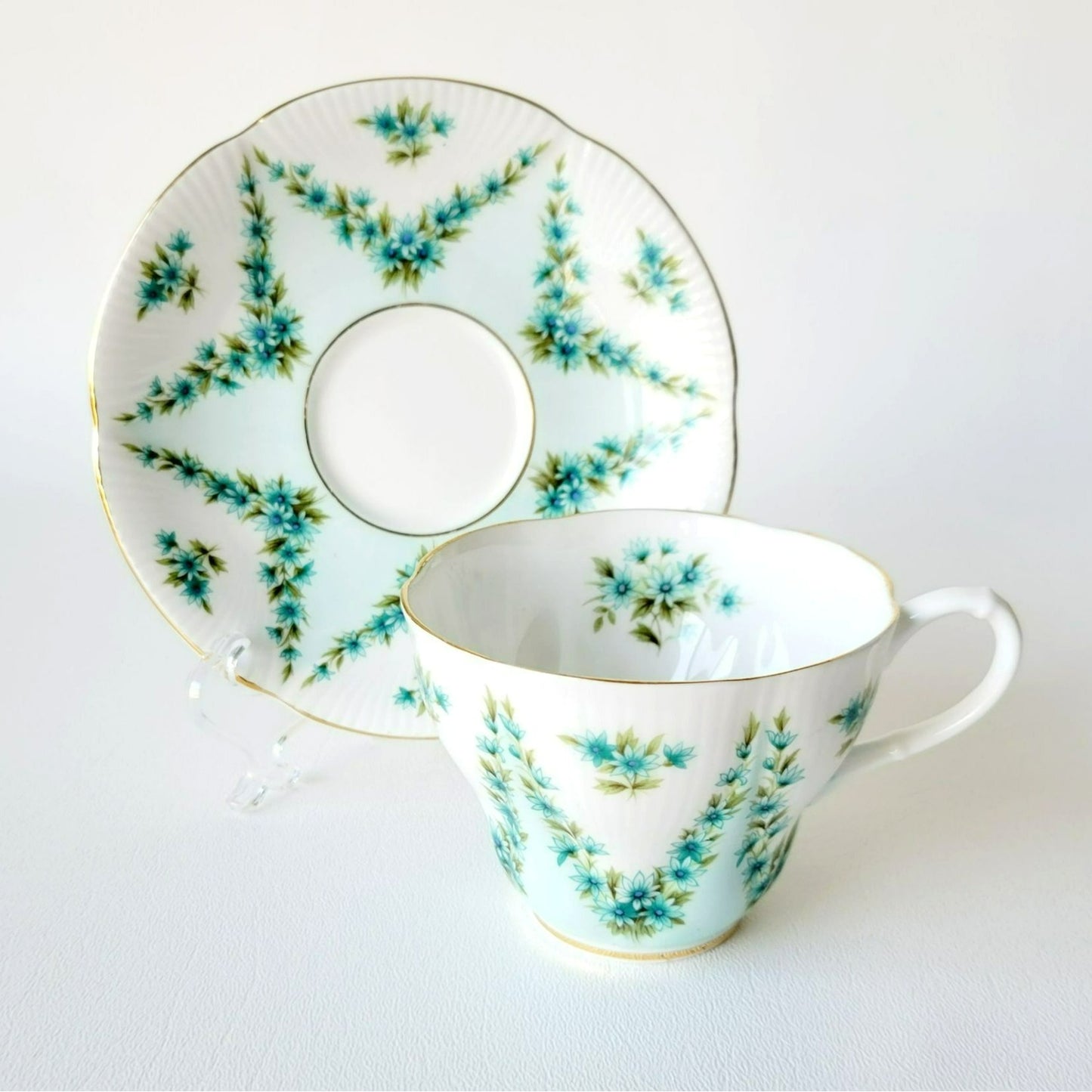 Royal Albert Shot Silk Teacup & Saucer, Blue Green Floral Swag, Embossed & Gold Trim, Made in England
