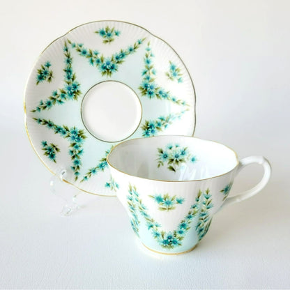 Royal Albert Shot Silk Teacup & Saucer, Blue Green Floral Swag, Embossed & Gold Trim, Made in England