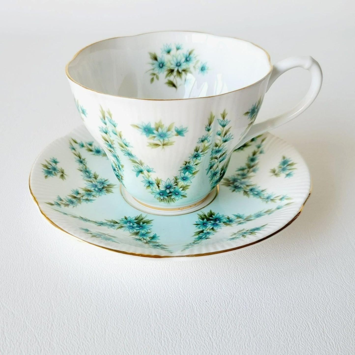 Royal Albert Shot Silk Teacup & Saucer, Blue Green Floral Swag, Embossed & Gold Trim, Made in England