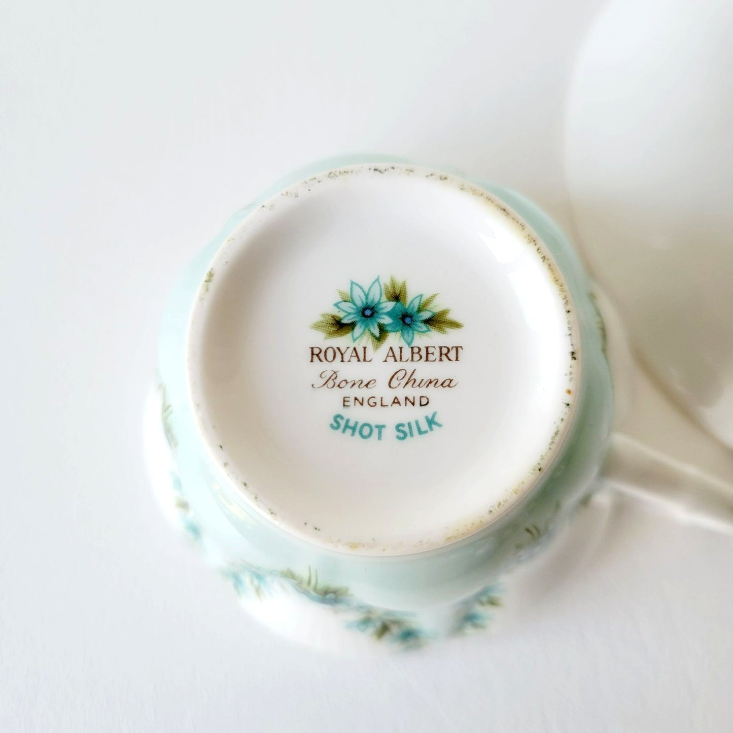 Royal Albert Shot Silk Teacup & Saucer, Blue Green Floral Swag, Embossed & Gold Trim, Made in England