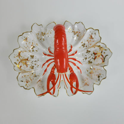 Vintage German Lobster Shaped Serving Dish, Red & Gold Victorian Style, Maritime Living