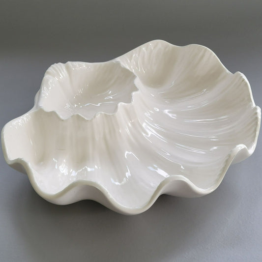 Vintage Clam Shell Chip & Dip Serving Bowl, All White Ribbed Pattern, Made in Japan