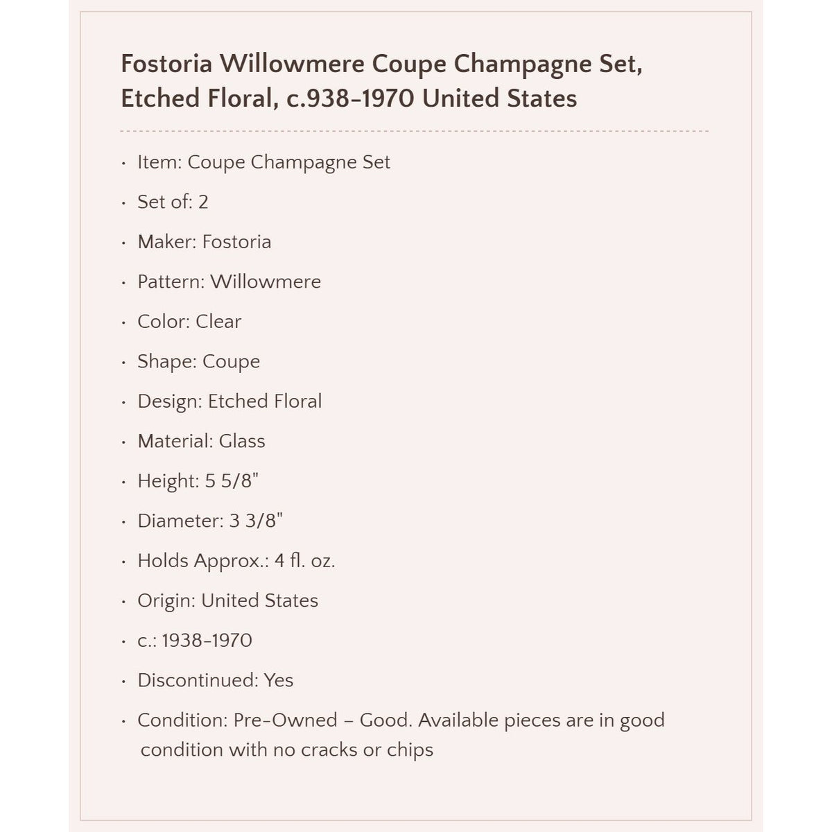 Fostoria "Willowmere" Coupe Champagne Set, c.1938-1970 United States