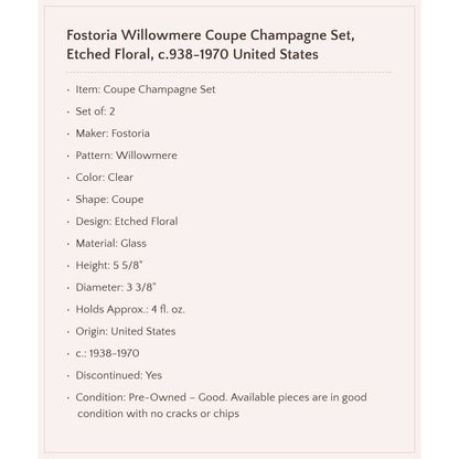 Fostoria "Willowmere" Coupe Champagne Set, c.1938-1970 United States