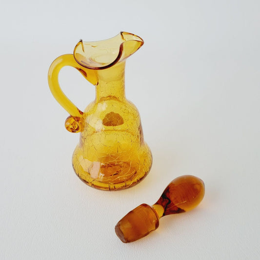 Hand Blown Amber Crackle Glass Cruet by Rainbow, USA Made