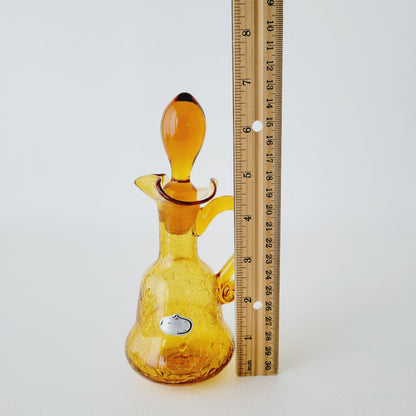 Hand Blown Amber Crackle Glass Cruet by Rainbow, USA Made