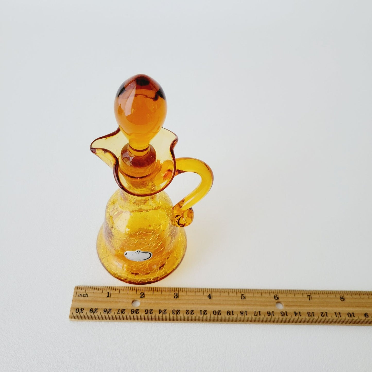 Hand Blown Amber Crackle Glass Cruet by Rainbow, USA Made