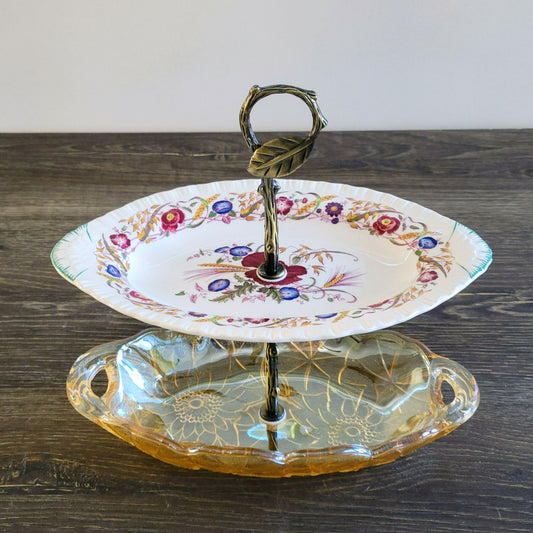 Mismatched Oval 2 Tiered Dessert Stand, Made from Wedgwood & Indiana Glass