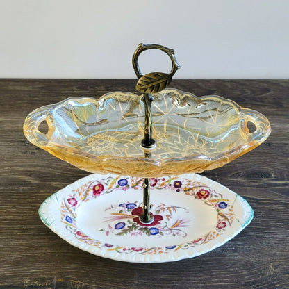 Mismatched Oval 2 Tiered Dessert Stand, Made from Wedgwood & Indiana Glass