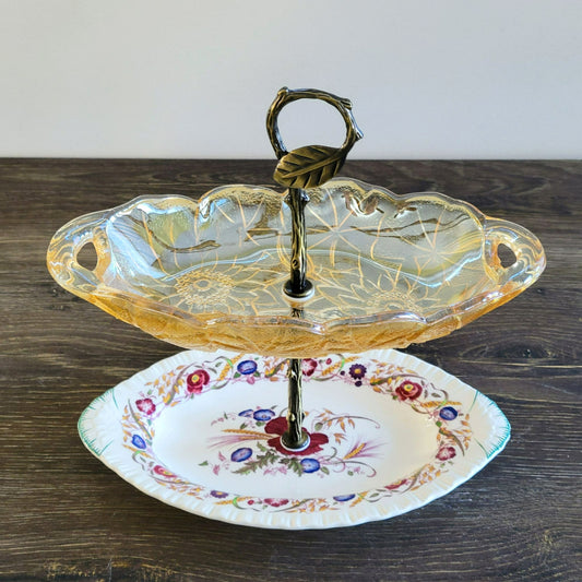 Mismatched Oval 2 Tiered Dessert Stand, Made from Wedgwood & Indiana Glass