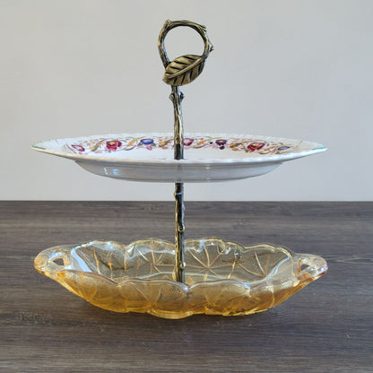Mismatched Oval 2 Tiered Dessert Stand, Made from Wedgwood & Indiana Glass