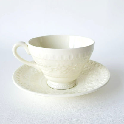 Wedgwood Wellesley Teacup & Saucer, Off White Embossed Floral Design, Made in England