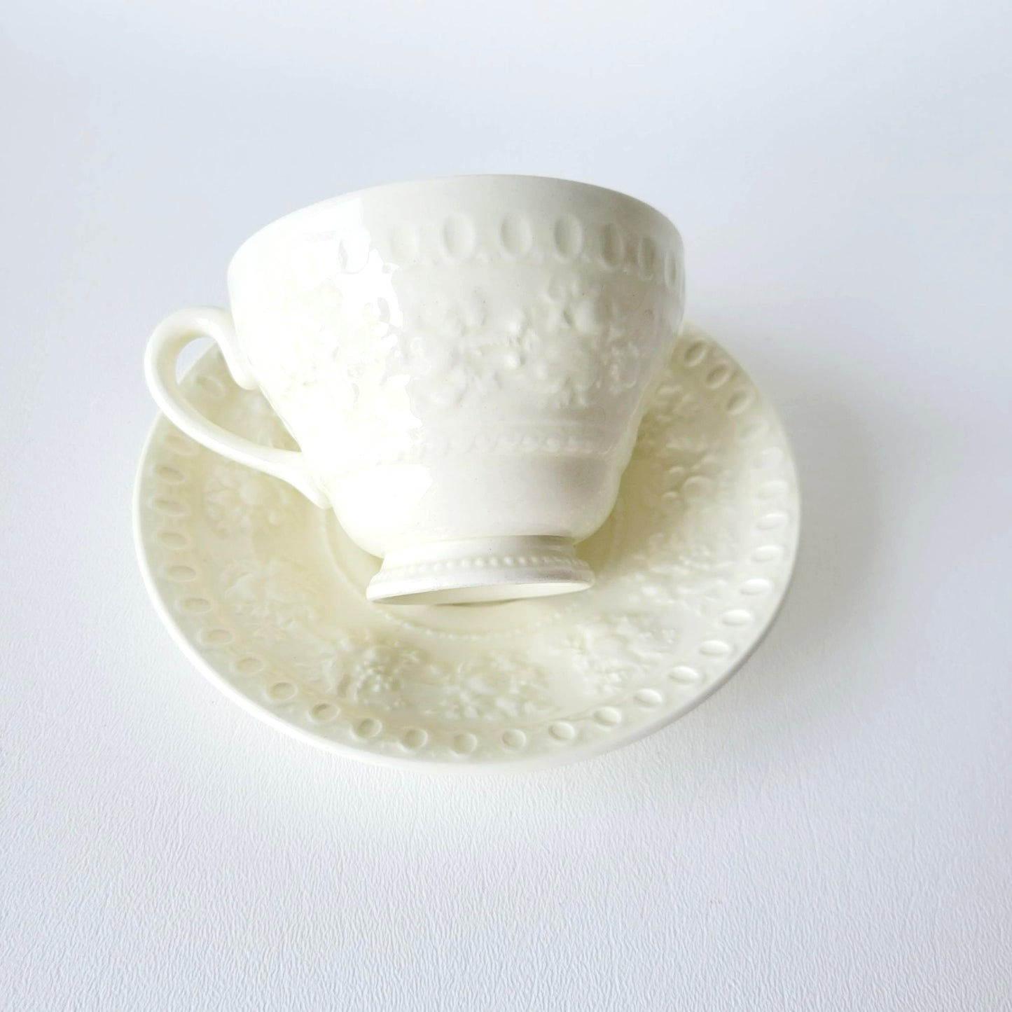 Wedgwood Wellesley Teacup & Saucer, Off White Embossed Floral Design, Made in England