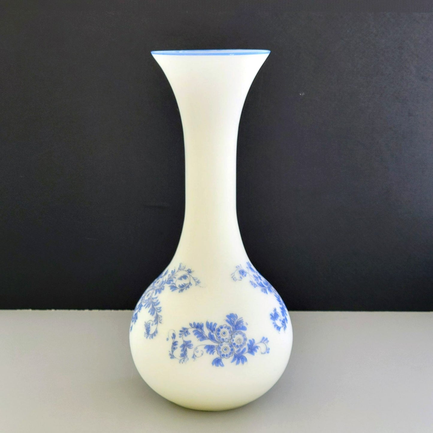 Italian Frosted Satin Glass 14" Flower Vase, Toile Blue & White Floral