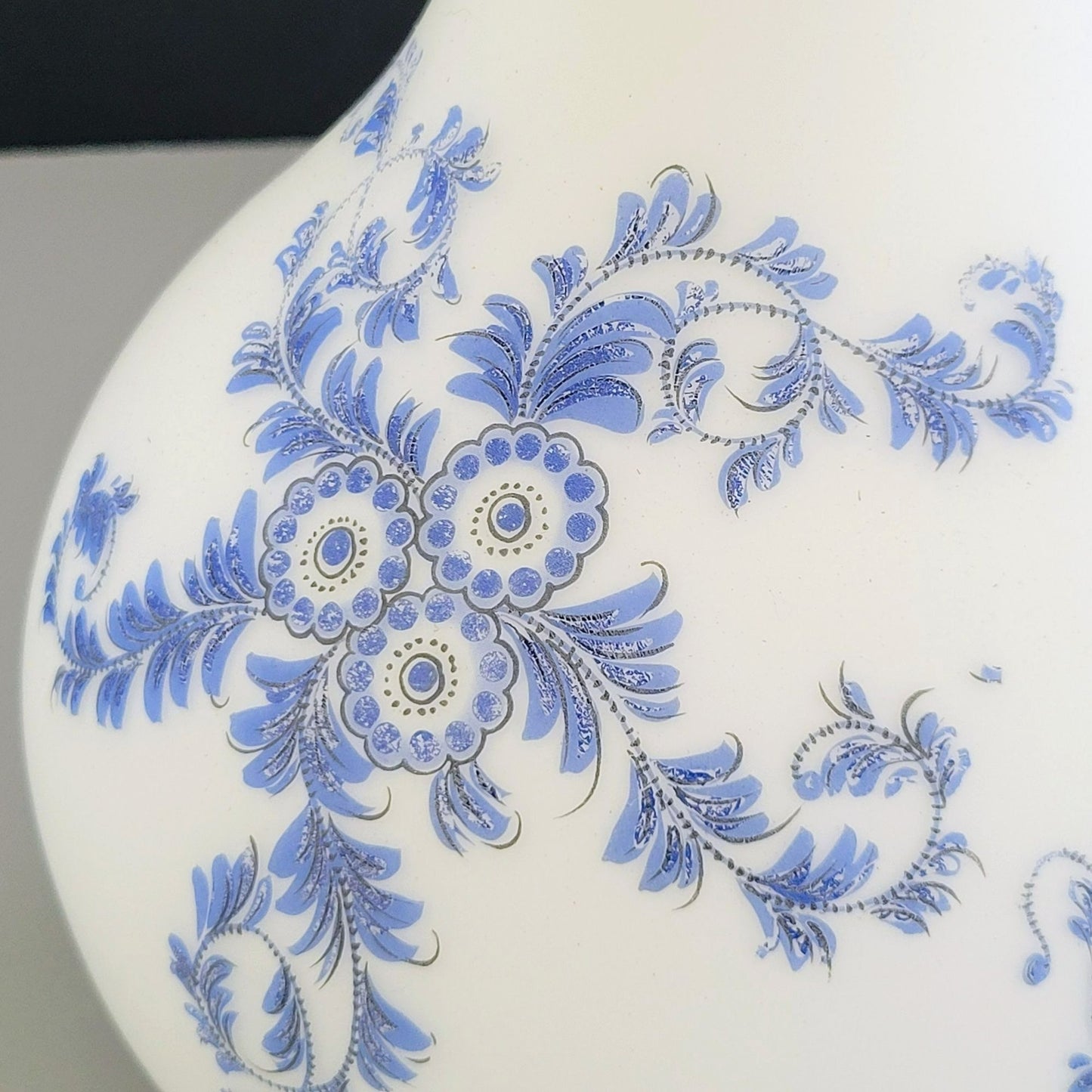 Italian Frosted Satin Glass 14" Flower Vase, Toile Blue & White Floral