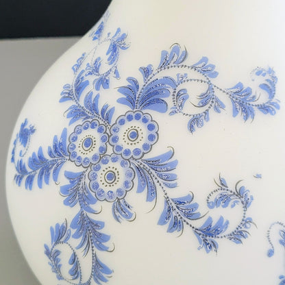 Italian Frosted Satin Glass 14" Flower Vase, Toile Blue & White Floral