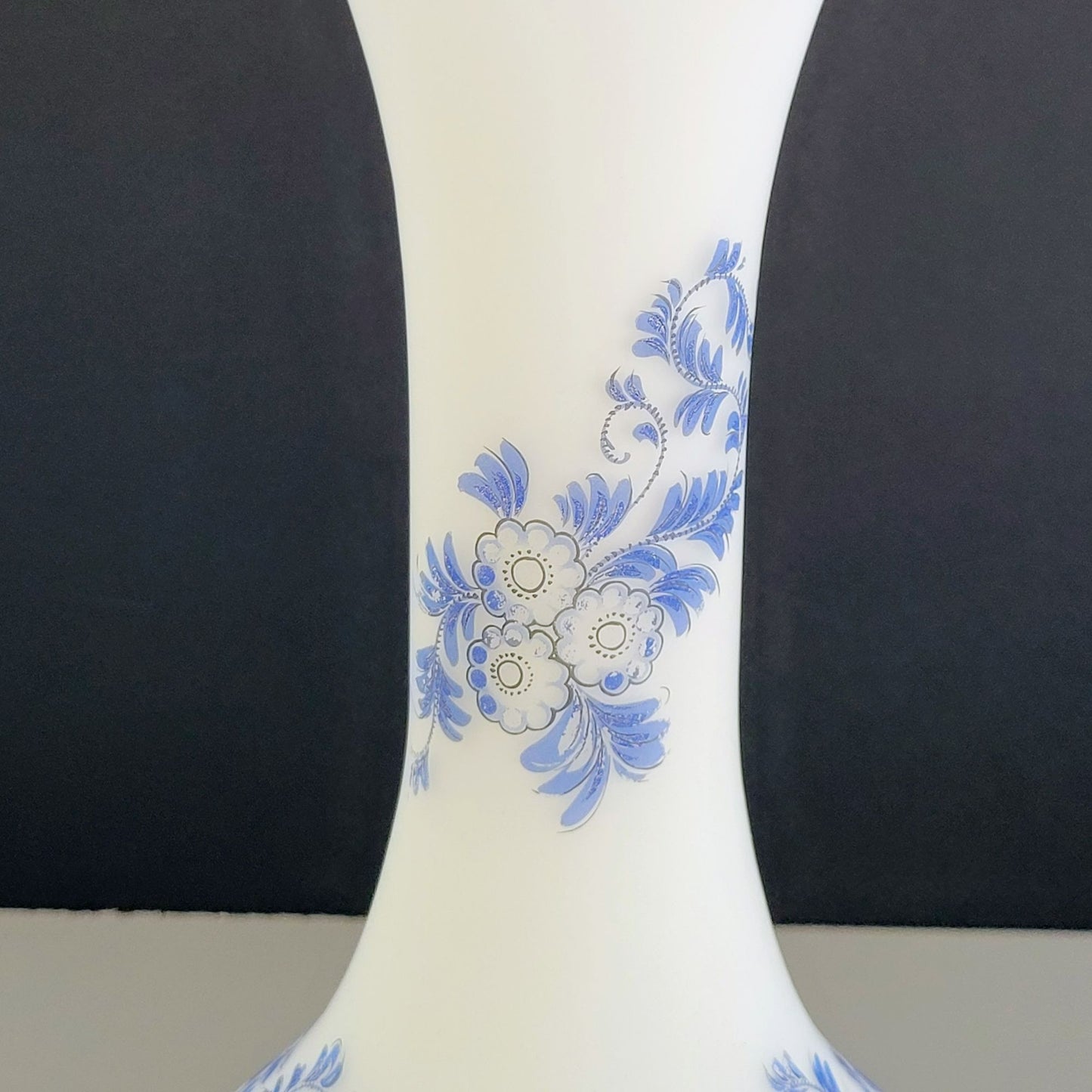 Italian Frosted Satin Glass 14" Flower Vase, Toile Blue & White Floral