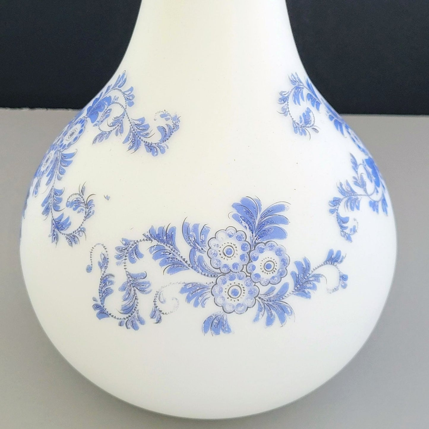 Italian Frosted Satin Glass 14" Flower Vase, Toile Blue & White Floral