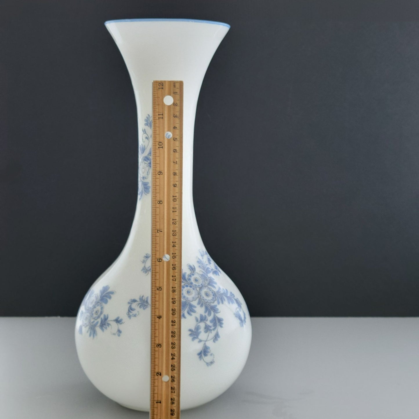 Italian Frosted Satin Glass 14" Flower Vase, Toile Blue & White Floral