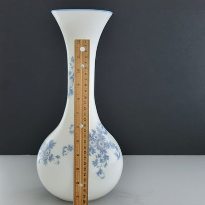 Italian Frosted Satin Glass 14" Flower Vase, Toile Blue & White Floral