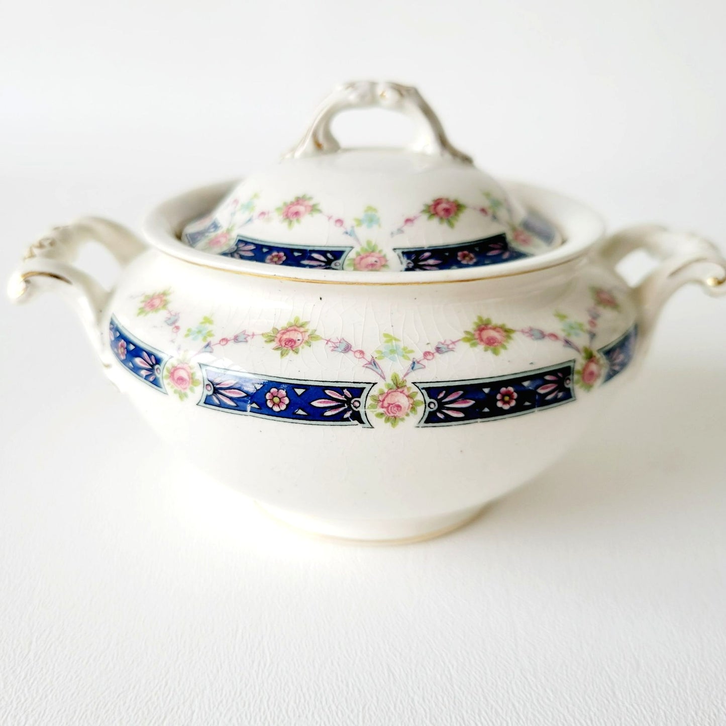Rare Johnson Bro Sugar Bowl & Creamer, Blue Accent, Pink Floral, with CRAZING