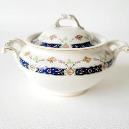 Rare Johnson Bro Sugar Bowl & Creamer, Blue Accent, Pink Floral, with CRAZING