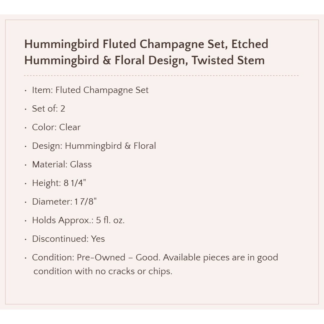 Vintage Etched Hummingbird Fluted Champagne Set