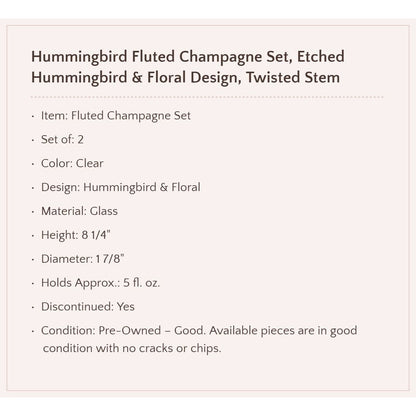 Vintage Etched Hummingbird Fluted Champagne Set