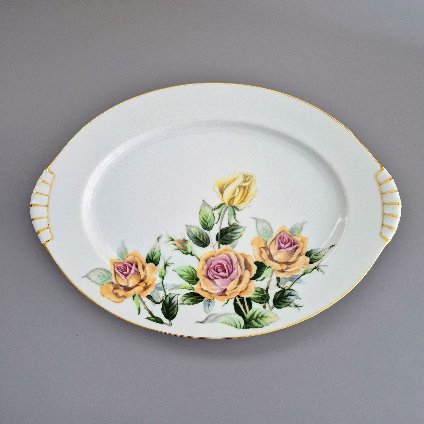 Narumi Peach Roses 15" Oval Serving Platter, c1950s Japan