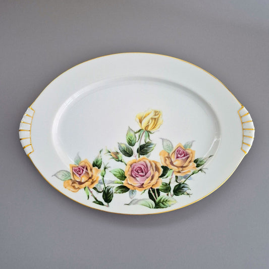 Narumi Peach Roses 15" Oval Serving Platter, c1950s Japan