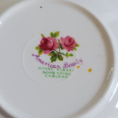 Vintage Royal Albert American Beauty 3 Piece Set, Creamer Pitcher, Berry Bowl, & Bread Plate, Brushed Gold, Pink Roses, Scalloped Edge